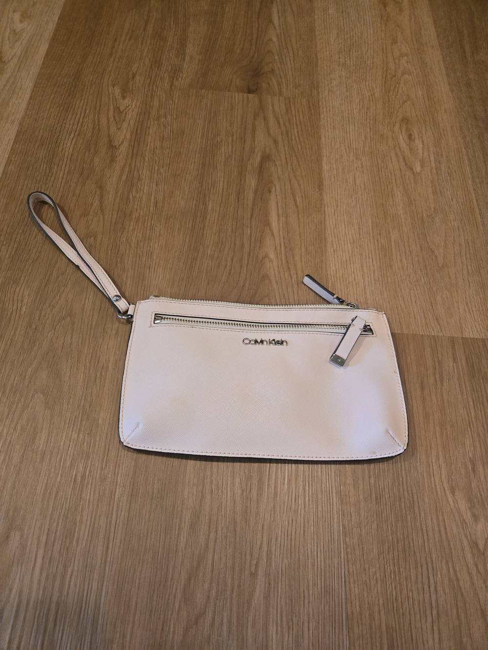 Calvin Klein Pale Cream Wristlet Clutch with Silver Hardware
